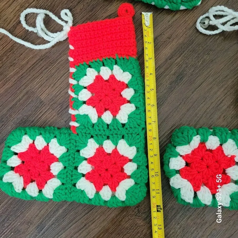 Lot of 10 Granny square Christmas stocking green red white Handmade Bells